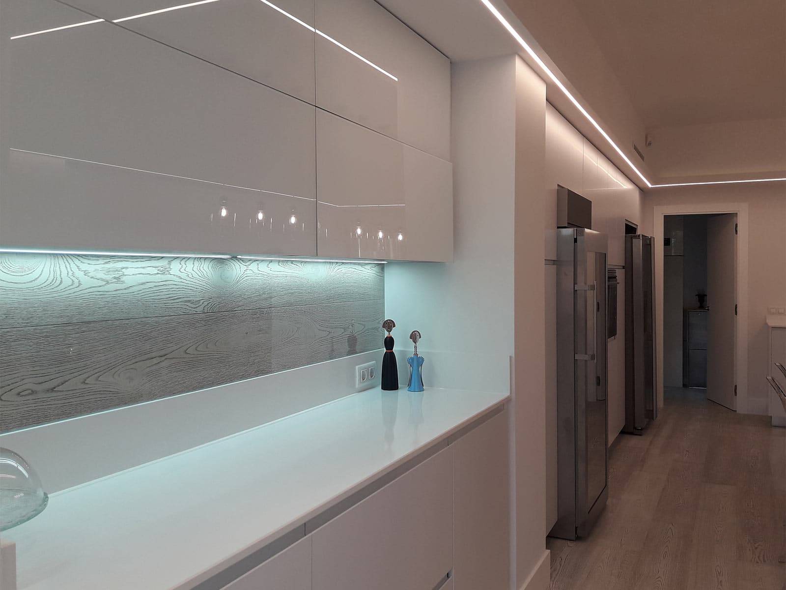 Frente de muebles blanco brillo en cocina lineal doble con isla
