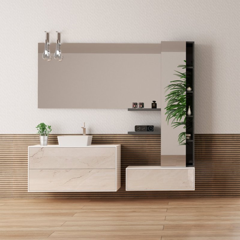 Mobiliario de baño moderno en colores nude con lavabo, espejo amplio y estantes