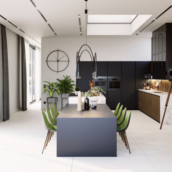 Imagen de cocina en negro con detalles en mármol blanco y mesa de comedor negra perteneciente al showroom virtual de Senssia