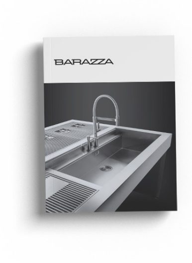 Portada del catálogo de electrodomésticos en acero Barazza sobre fondo blanco